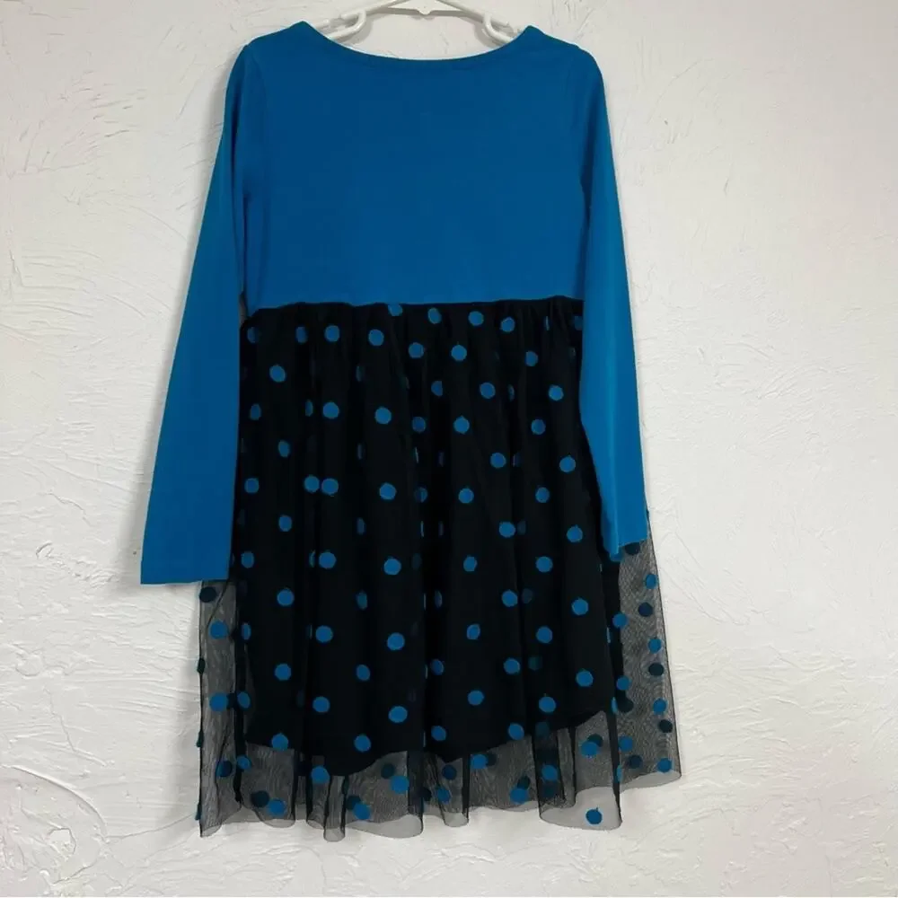 Hanna Andersson Blue Black Polka Dot Girls Dress 6/7 Long Sleeve